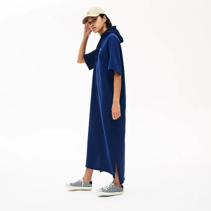Lacoste Oversized Hooded Organic Cotton Piqu Polo Dress Navy Blue Womens Dresses and Skirts Gift Near Me