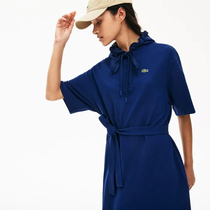 Lacoste Oversized Hooded Organic Cotton Piqu Polo Dress Navy Blue Womens Dresses and Skirts Gift Near Me
