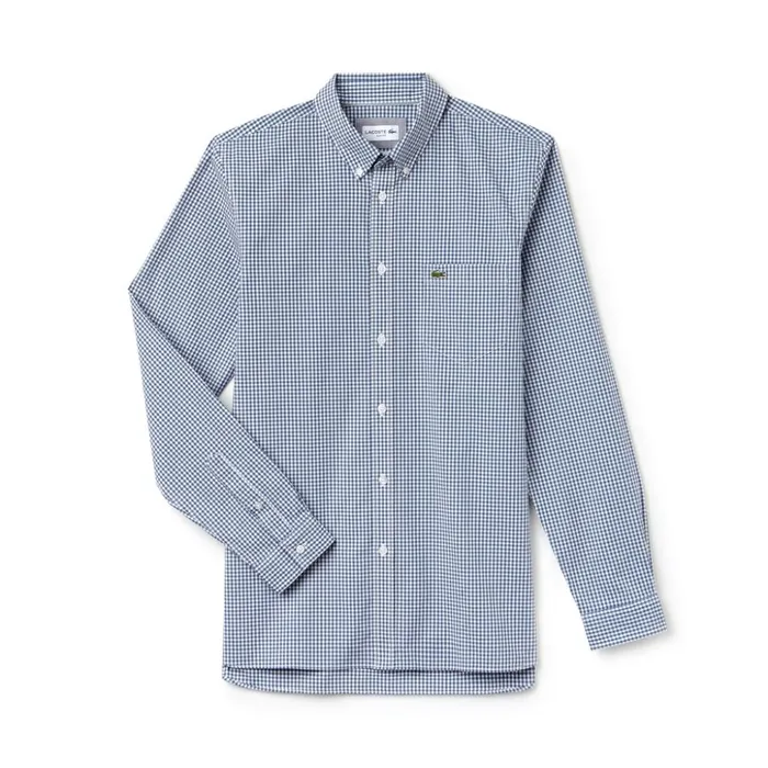 Lacoste Slim Fit Gingham Stretch Cotton Poplin Shirt BlueWhite Mens Button Down Shirts Near Me