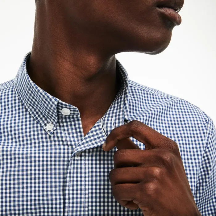 Lacoste Slim Fit Gingham Stretch Cotton Poplin Shirt BlueWhite Mens Button Down Shirts Near Me