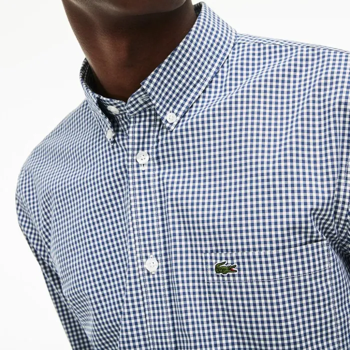 Lacoste Slim Fit Gingham Stretch Cotton Poplin Shirt BlueWhite Mens Button Down Shirts Near Me