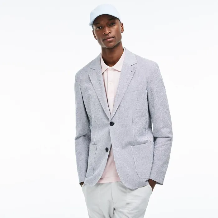 Lacoste Slim Fit Stretch Cotton Blazer Navy BlueWhite Mens Jackets and Coats Gift 4 You