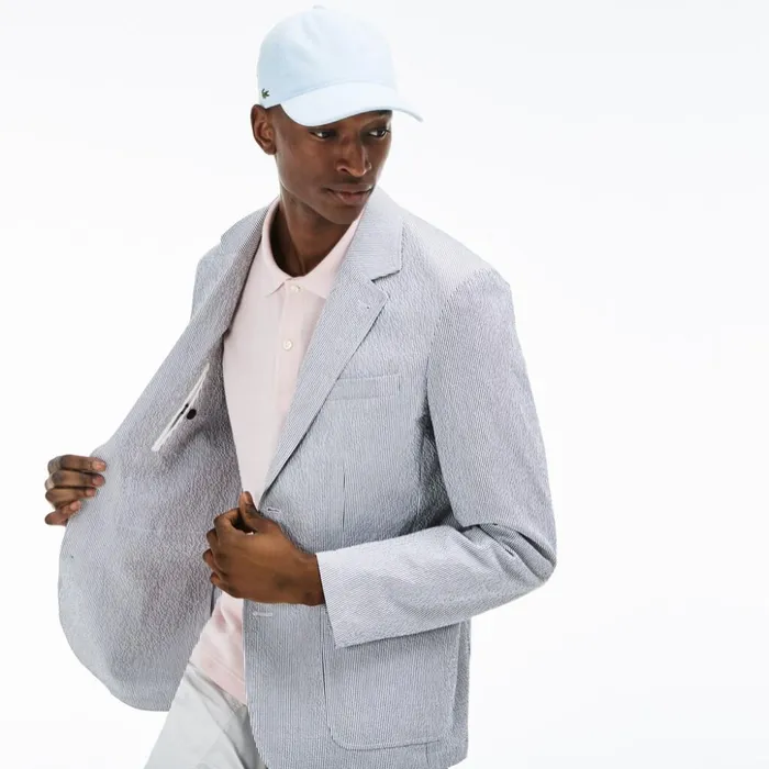 Lacoste Slim Fit Stretch Cotton Blazer Navy BlueWhite Mens Jackets and Coats Gift 4 You
