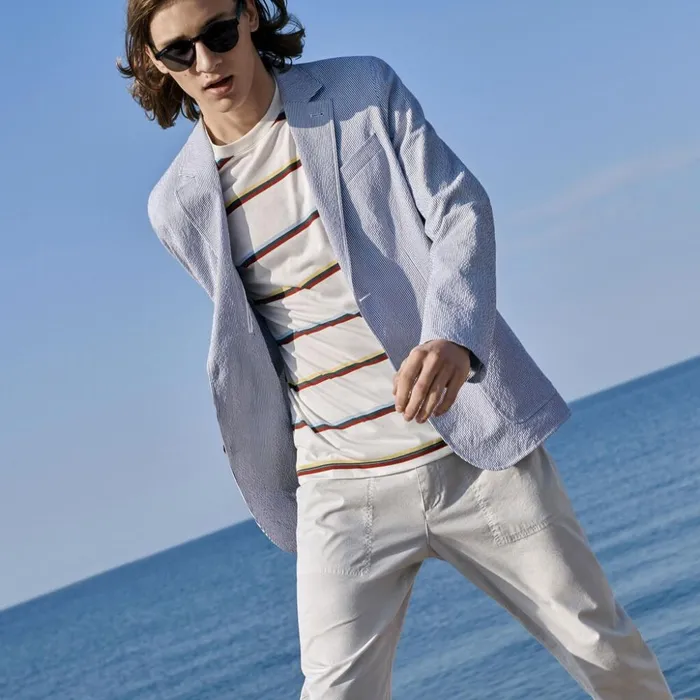 Lacoste Slim Fit Stretch Cotton Blazer Navy BlueWhite Mens Jackets and Coats Gift 4 You