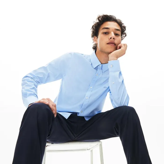 Lacoste SlimFit Stretch Cotton Poplin Shirt Light Blue Mens Button Down Shirts On Sale
