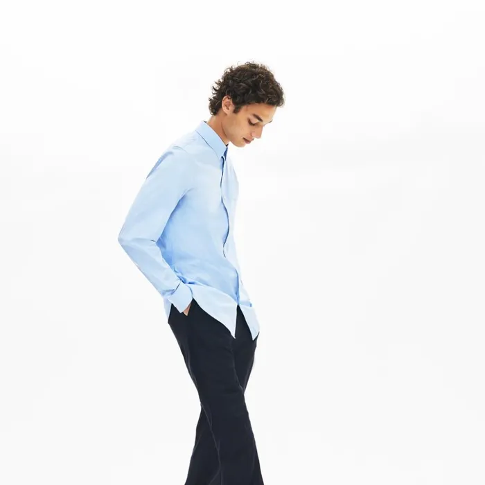 Lacoste SlimFit Stretch Cotton Poplin Shirt Light Blue Mens Button Down Shirts On Sale