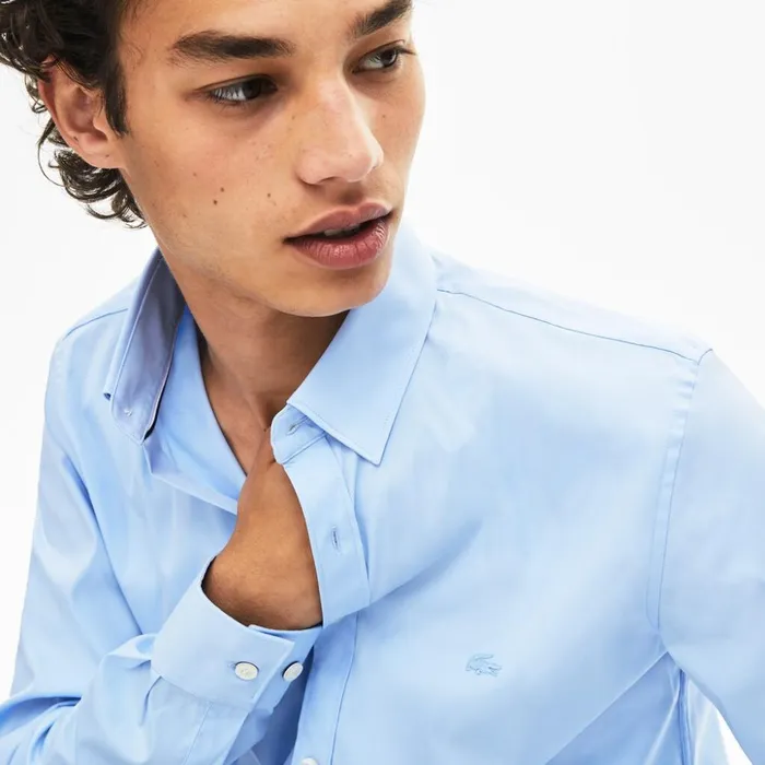 Lacoste SlimFit Stretch Cotton Poplin Shirt Light Blue Mens Button Down Shirts On Sale