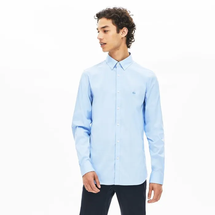 Lacoste SlimFit Stretch Cotton Poplin Shirt Light Blue Mens Button Down Shirts On Sale