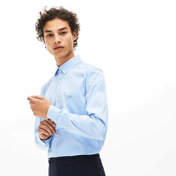 Lacoste SlimFit Stretch Cotton Poplin Shirt Light Blue Mens Button Down Shirts On Sale