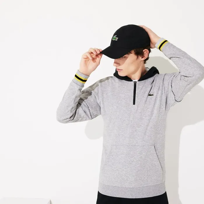 Lacoste SPORT ContrastHood Fleece Sweatshirt Grey ChineBlackYellowWhite Mens Sweatshirts On Sale