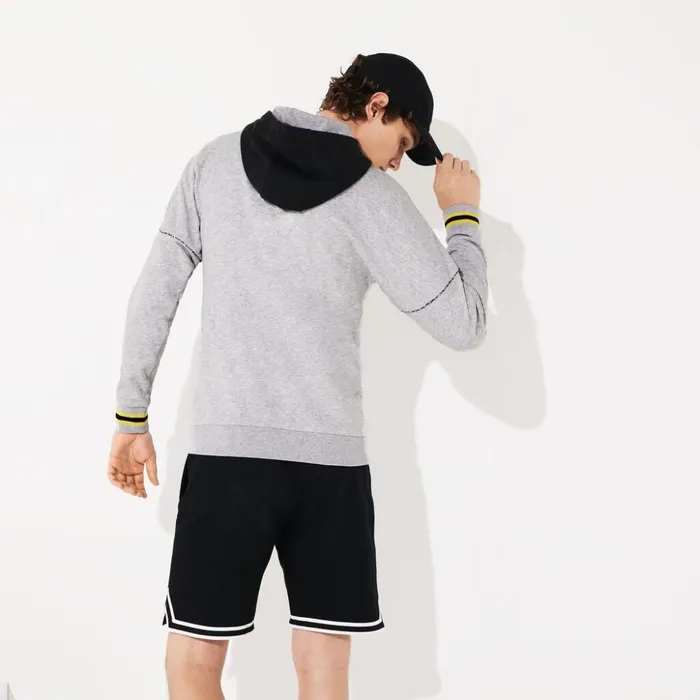 Lacoste SPORT ContrastHood Fleece Sweatshirt Grey ChineBlackYellowWhite Mens Sweatshirts On Sale