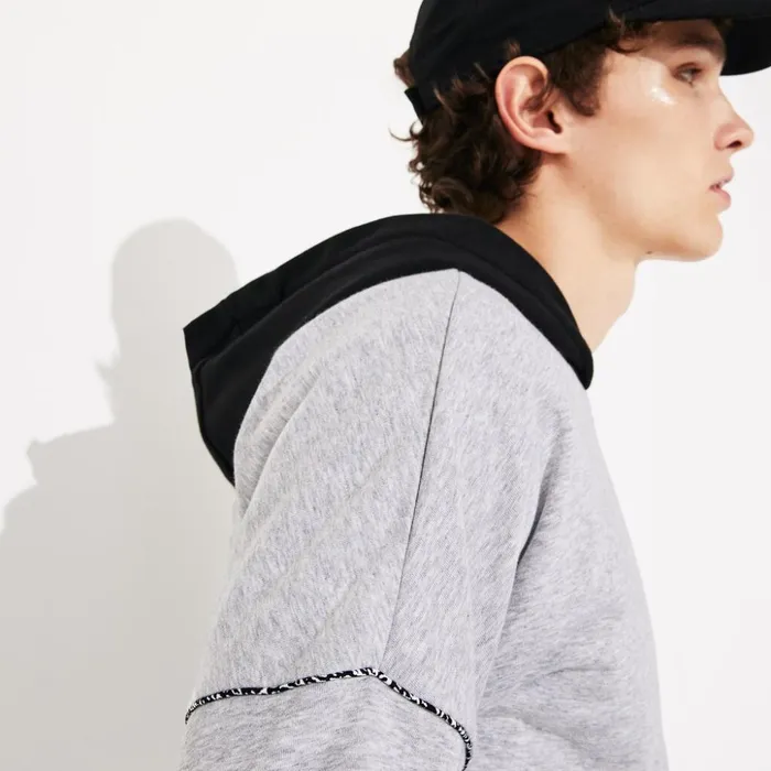 Lacoste SPORT ContrastHood Fleece Sweatshirt Grey ChineBlackYellowWhite Mens Sweatshirts On Sale