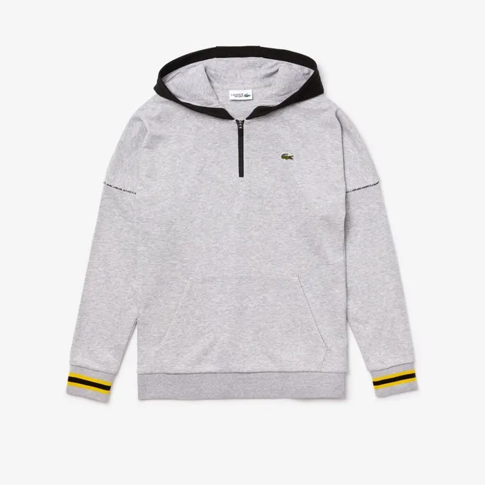 Lacoste SPORT ContrastHood Fleece Sweatshirt Grey ChineBlackYellowWhite Mens Sweatshirts On Sale
