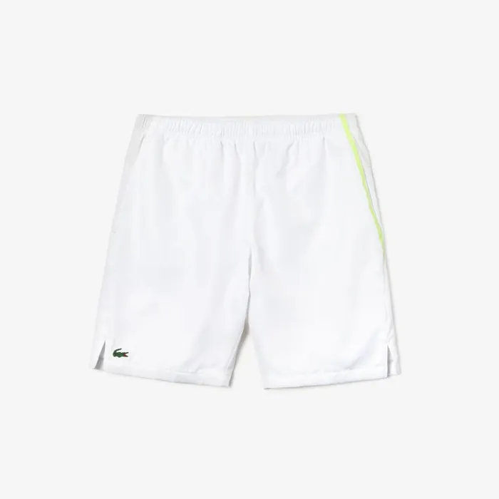 Lacoste SPORT MeshPanel Tennis Shorts WhiteFlashy Yellow Mens Pants and Shorts Cheap On Sale