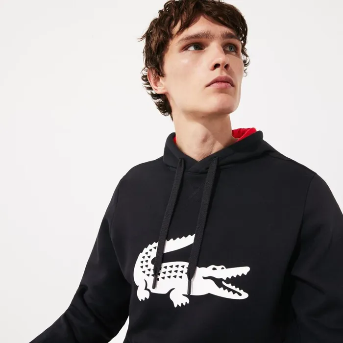Lacoste SPORT Oversize Croc Fleece Hoodie BlackRedWhite Mens Sweatshirts Cheap On Sale