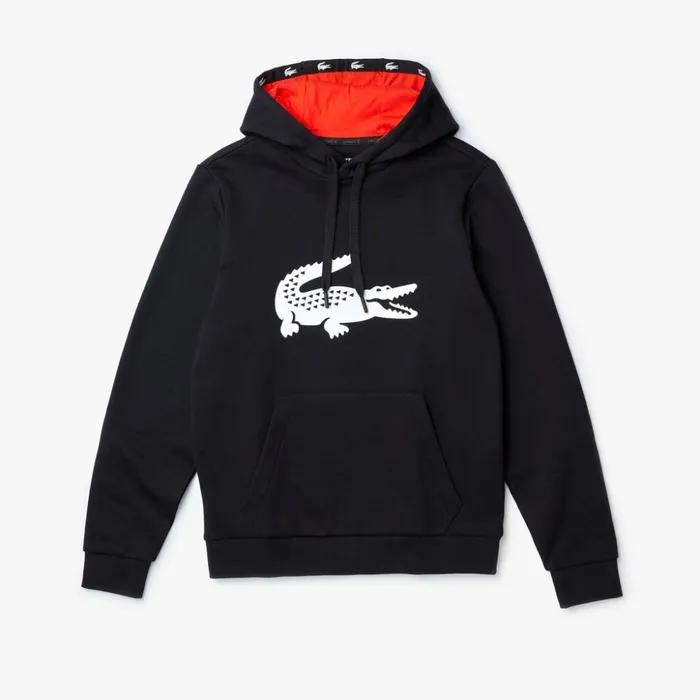 Lacoste SPORT Oversize Croc Fleece Hoodie BlackRedWhite Mens Sweatshirts Cheap On Sale