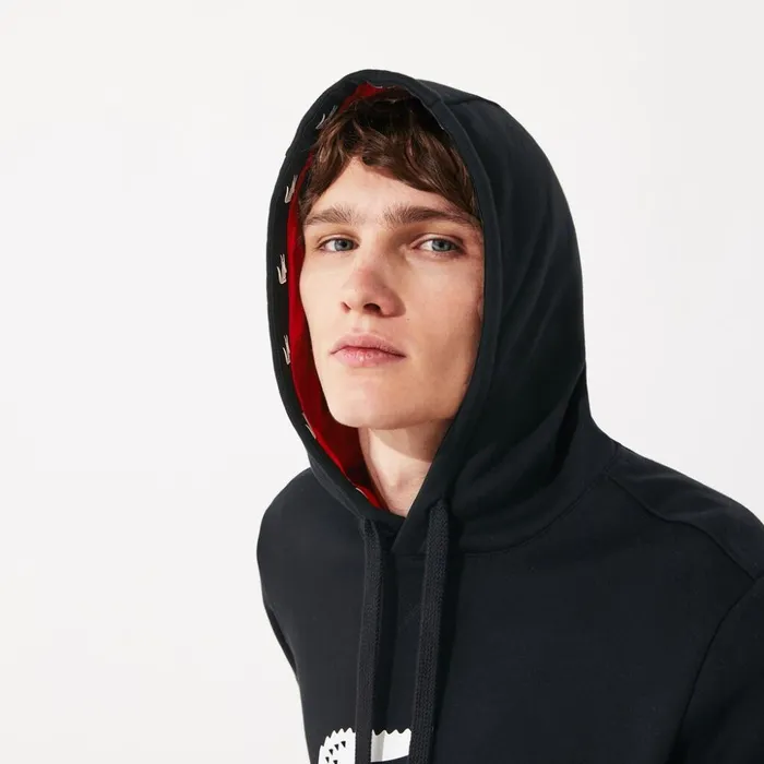 Lacoste SPORT Oversize Croc Fleece Hoodie BlackRedWhite Mens Sweatshirts Cheap On Sale