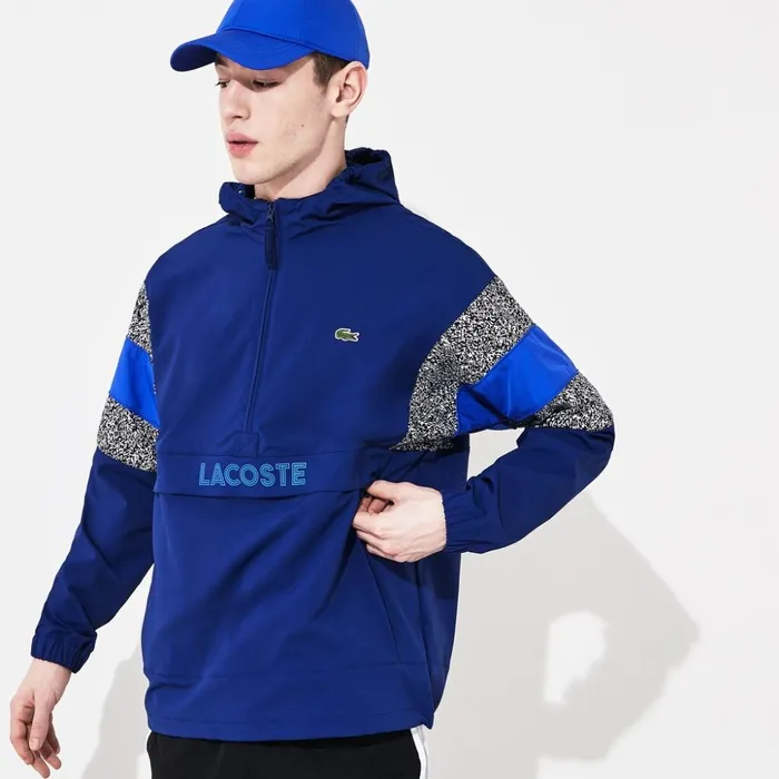 Lacoste SPORT PrintBlocked Performance Windbreaker Navy BlueBlackWhiteBlue Mens Jackets and Coats Near Me