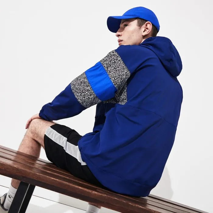 Lacoste SPORT PrintBlocked Performance Windbreaker Navy BlueBlackWhiteBlue Mens Jackets and Coats Near Me