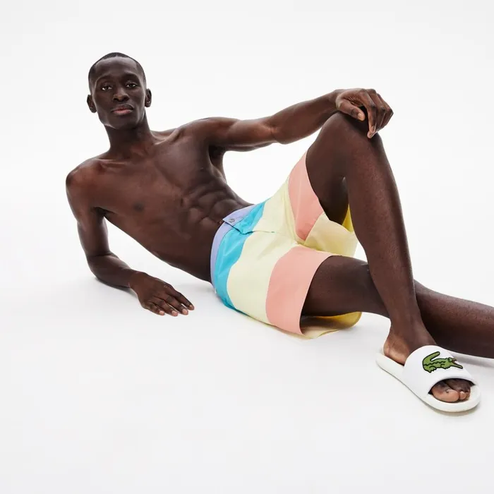 Lacoste Striped Colorblock QuickDry Swim Shorts PurpleYellowPinkTurquoise Mens Swimwear Popular Lacoste Striped Colorblock QuickDry Swim Shorts PurpleYellowPinkTurquoise Mens Swimwear Popular