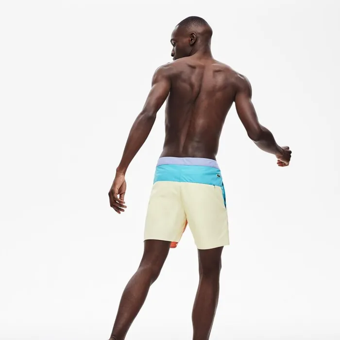 Lacoste Striped Colorblock QuickDry Swim Shorts PurpleYellowPinkTurquoise Mens Swimwear Popular