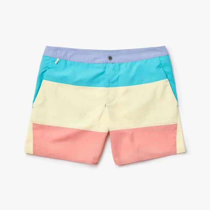 Lacoste Striped Colorblock QuickDry Swim Shorts PurpleYellowPinkTurquoise Mens Swimwear Popular