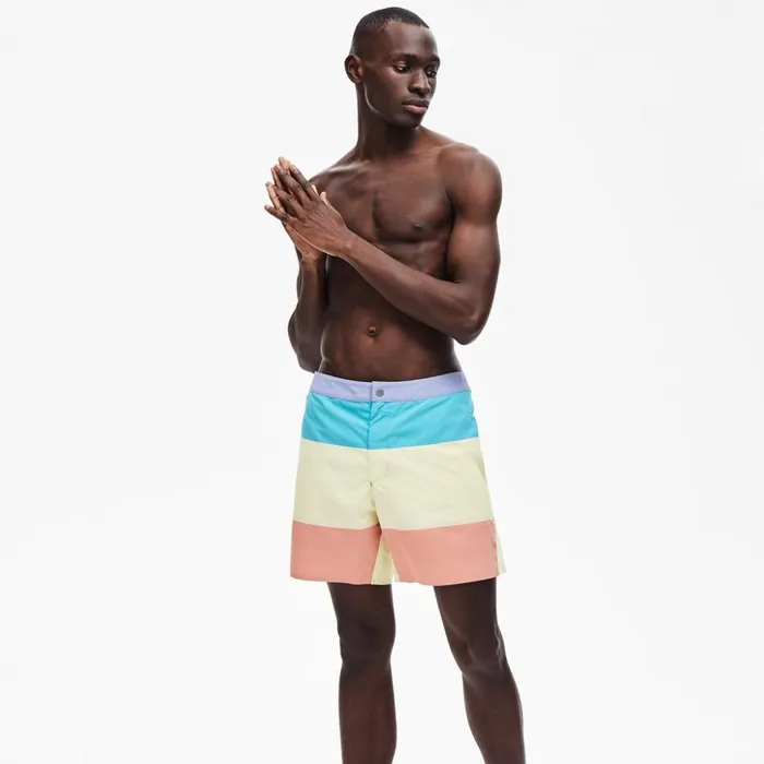 Lacoste Striped Colorblock QuickDry Swim Shorts PurpleYellowPinkTurquoise Mens Swimwear Popular
