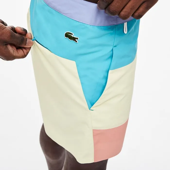 Lacoste Striped Colorblock QuickDry Swim Shorts PurpleYellowPinkTurquoise Mens Swimwear Popular