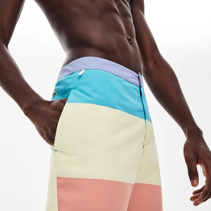Lacoste Striped Colorblock QuickDry Swim Shorts PurpleYellowPinkTurquoise Mens Swimwear Popular