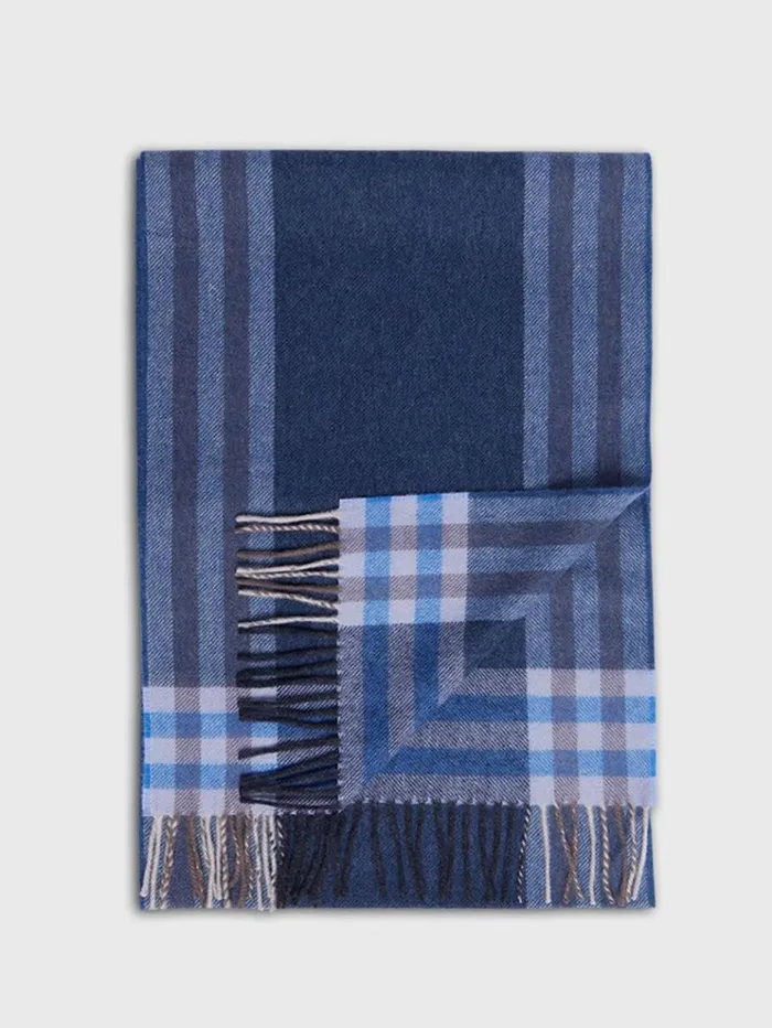 Lambswool and Cashmere Plaid Scarf Navy Men Paul Stuart Scarves Hats Gloves