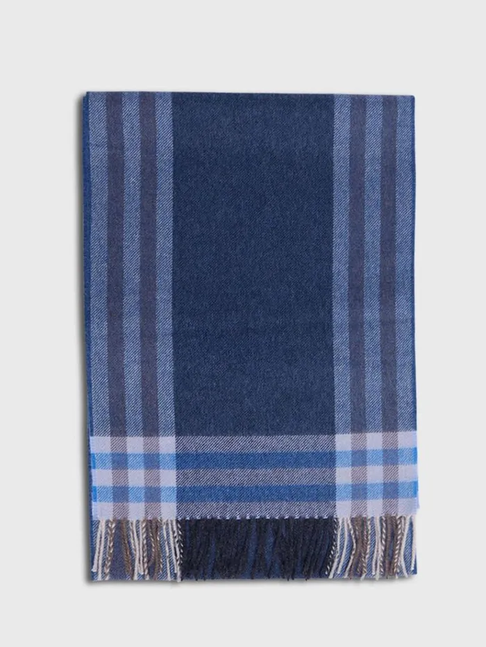 Lambswool and Cashmere Plaid Scarf Navy Men Paul Stuart Scarves Hats Gloves