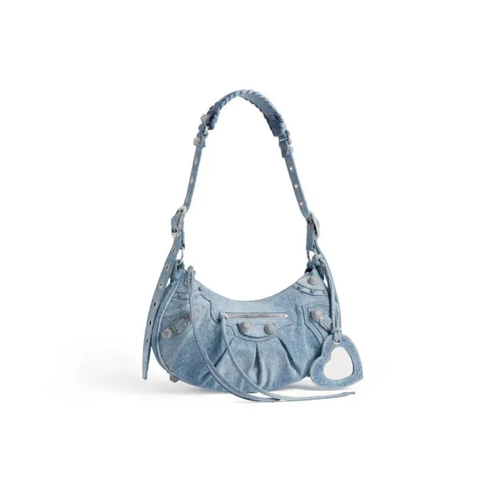 Le Cagole Small Shoulder Bag Denim With Rhinestones In Blue Women Balenciaga Shoulder Bags