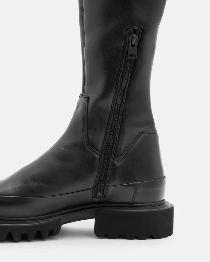 Leona Over The Knee Leather Boots Black Women AllSaints Shoes and Boots