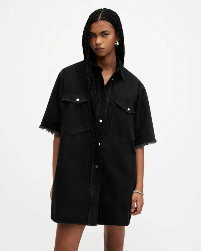 Lily Short Sleeve Denim Mini Dress Washed Black Women AllSaints Dresses