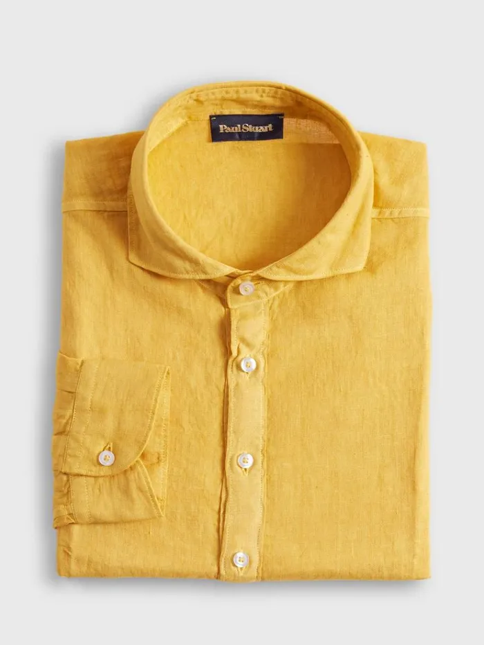 Linen Half Placket Sport Shirt Yellow Men Paul Stuart Sport Shirts