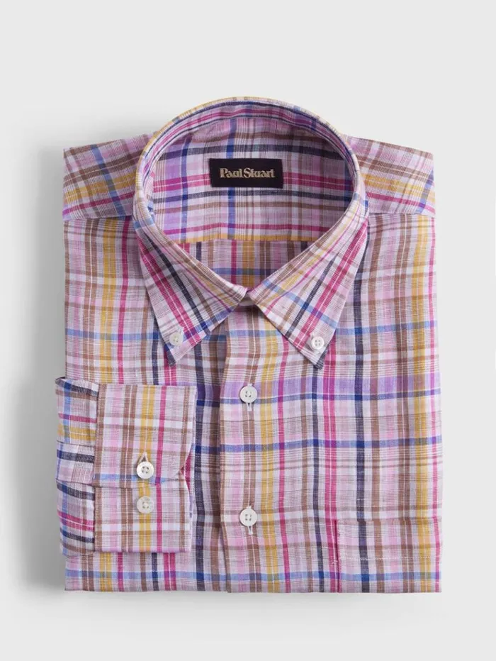 Linen Multicolor Plaid Sport Shirt Pinkpurple Men Paul Stuart Sport Shirts