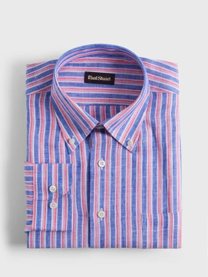 Linen Shadow Stripe Sport Shirt Bluered Men Paul Stuart Sport Shirts