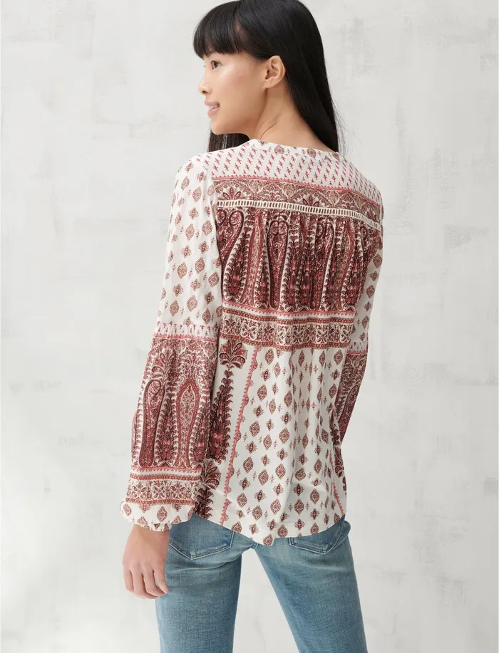 Lucky Brand BOARDER PRINT PEASANT TOP Rust Multi Women Tops