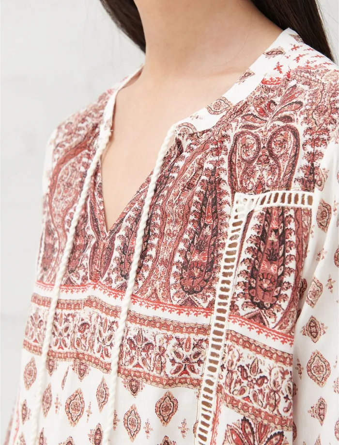 Lucky Brand BOARDER PRINT PEASANT TOP Rust Multi Women Tops