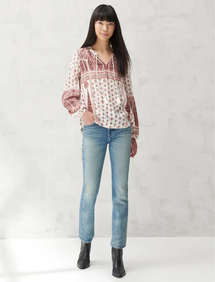 Lucky Brand BOARDER PRINT PEASANT TOP Rust Multi Women Tops