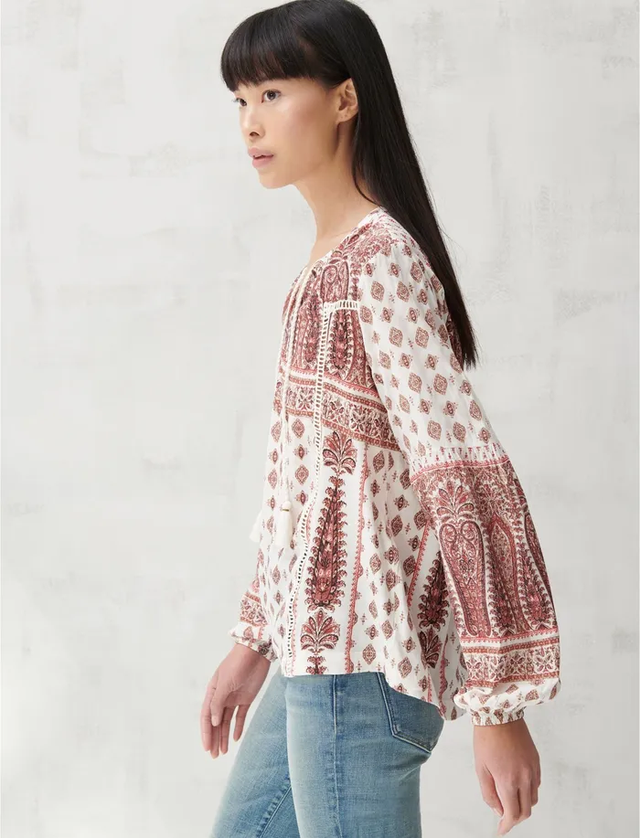 Lucky Brand BOARDER PRINT PEASANT TOP Rust Multi Women Tops