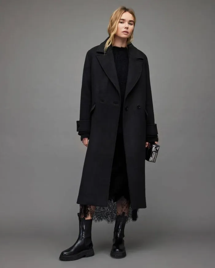 Mabel Oversized Wool Blend Long Coat Black Women AllSaints Jackets and Coats