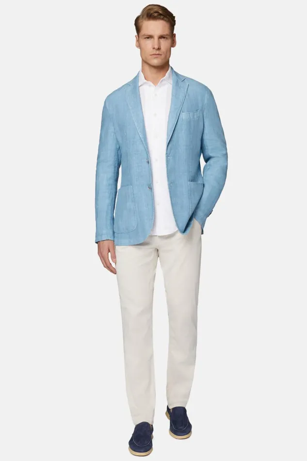 Men Boggi Milano Blazers Sky Blue Herringbone Linen Jacket Light Blu