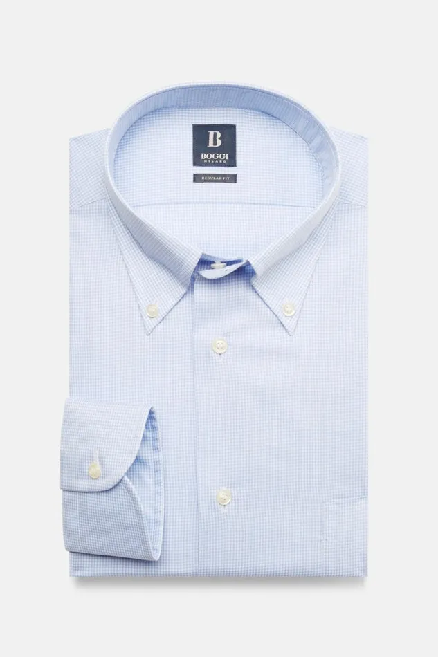 Men Boggi Milano Dress Shirts Regular Fit Sky Blue Checked Cotton Shirt Light Blu