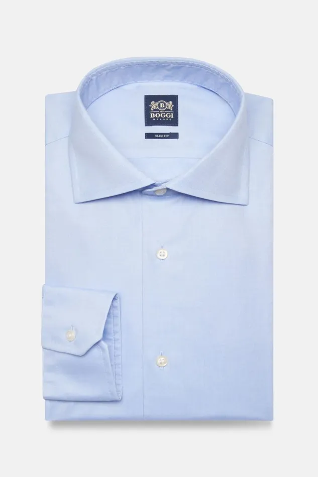 Men Boggi Milano Dress Shirts Slim Fit Sky Blue Cotton Twill Shirt Light Blu