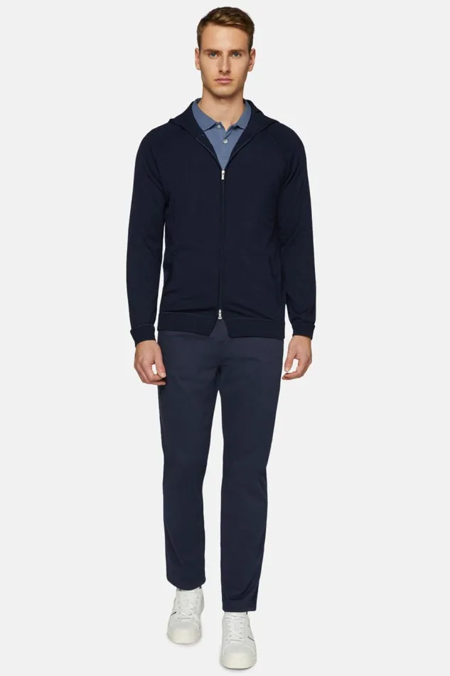 Men Boggi Milano Knitwear Navy Full Zip Hooded Jumper In Merino Wool Navy Blue