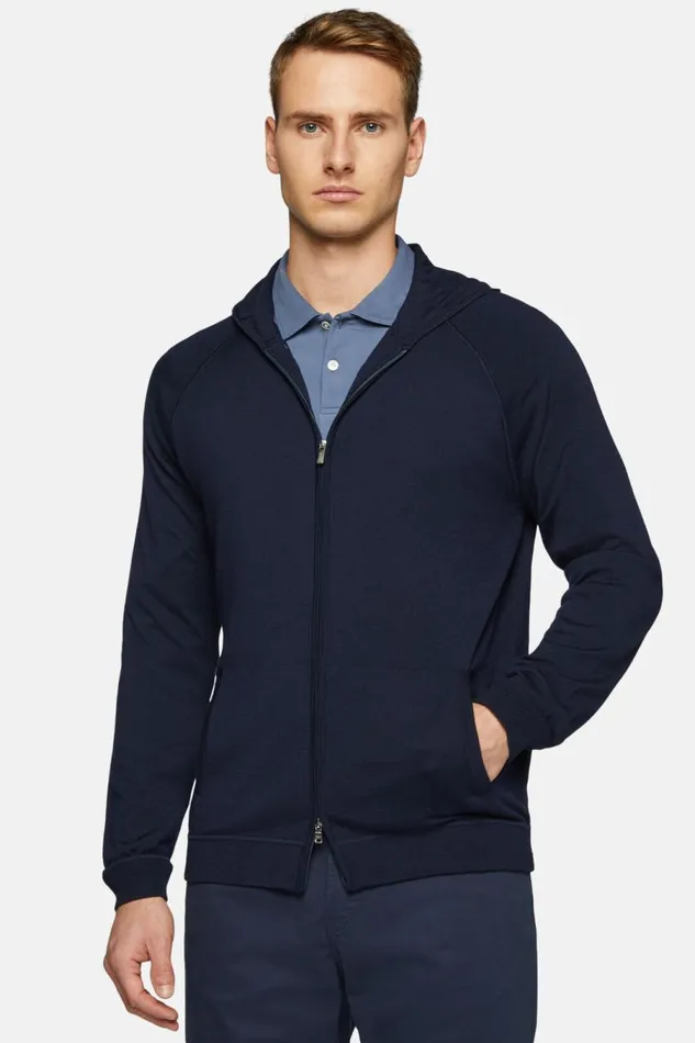 Men Boggi Milano Knitwear Navy Full Zip Hooded Jumper In Merino Wool Navy Blue