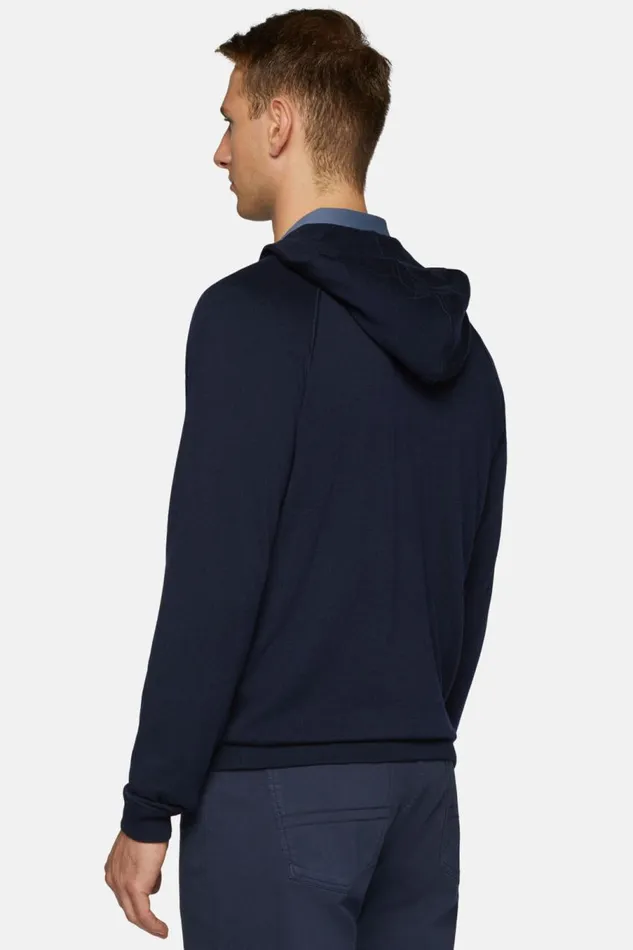 Men Boggi Milano Knitwear Navy Full Zip Hooded Jumper In Merino Wool Navy Blue