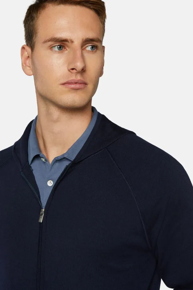 Men Boggi Milano Knitwear Navy Full Zip Hooded Jumper In Merino Wool Navy Blue