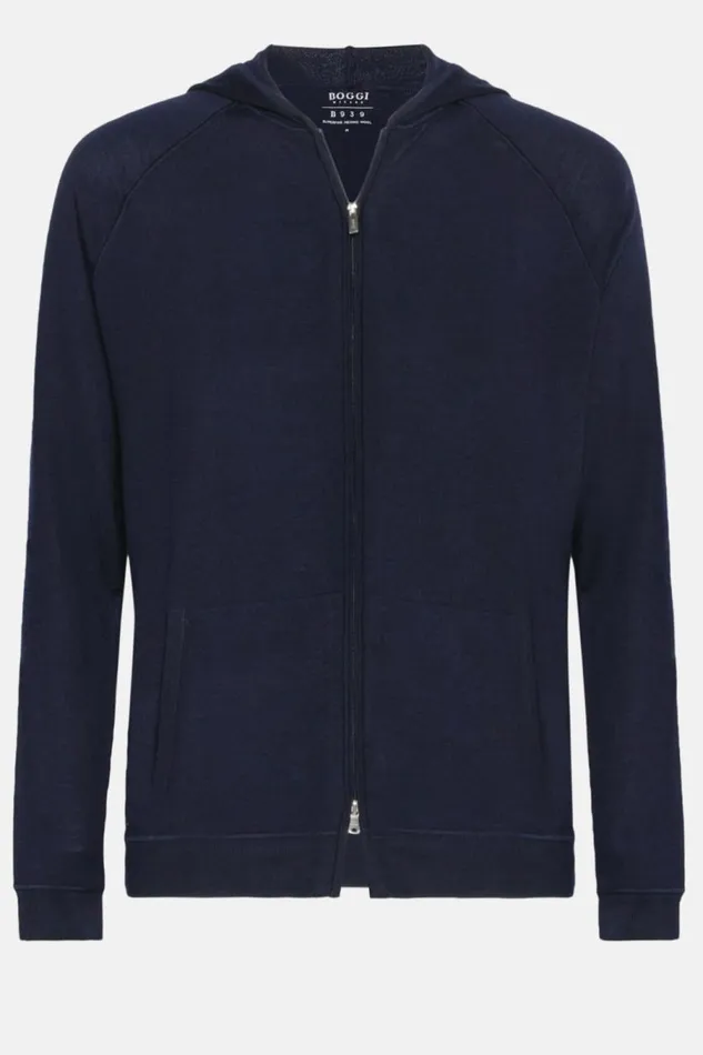 Men Boggi Milano Knitwear Navy Full Zip Hooded Jumper In Merino Wool Navy Blue